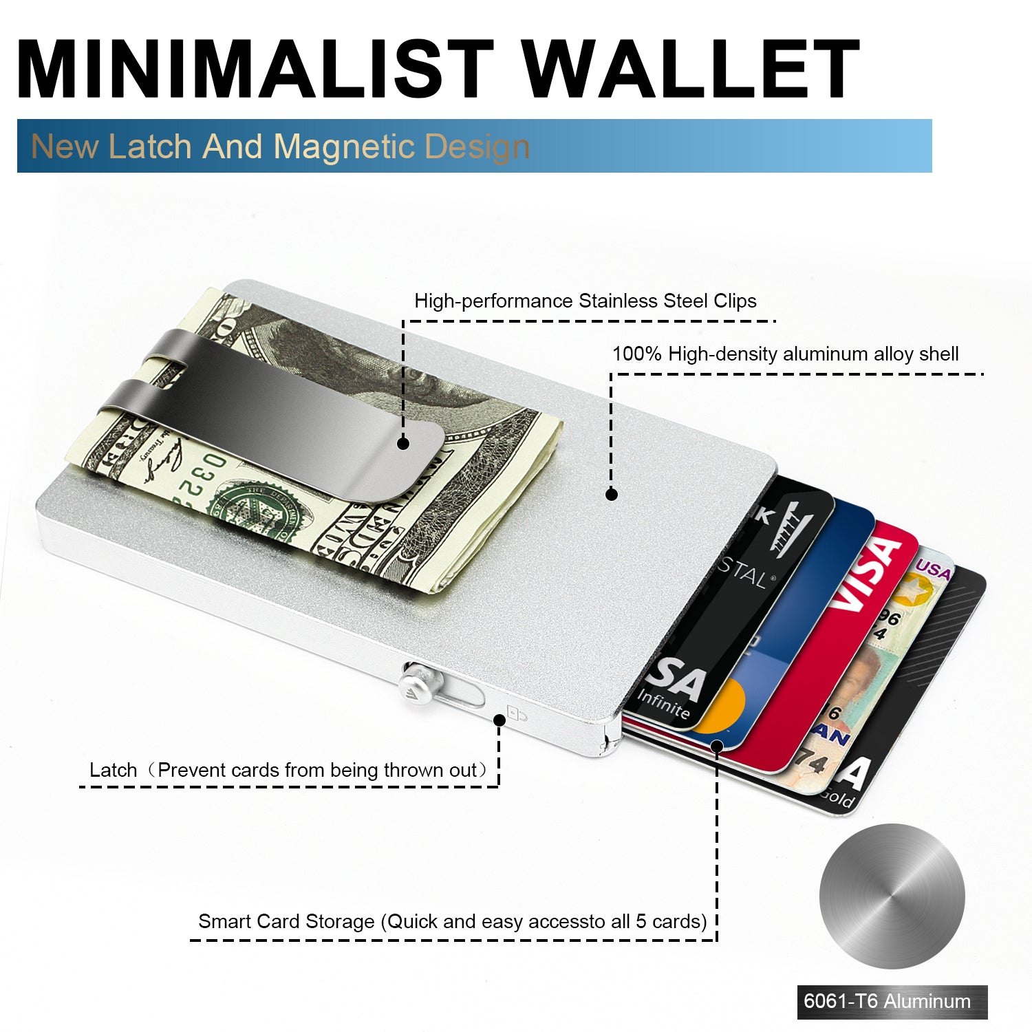 Minimalist Pop up Wallet with Money Clip, All Aluminum Slide Rfid Slim Card Holder